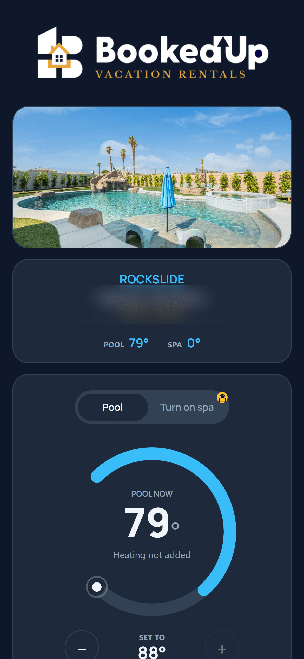 The guest page: current pool and spa temperatures, a locked heater control, feature toggles, and buttons to add pool or spa heating